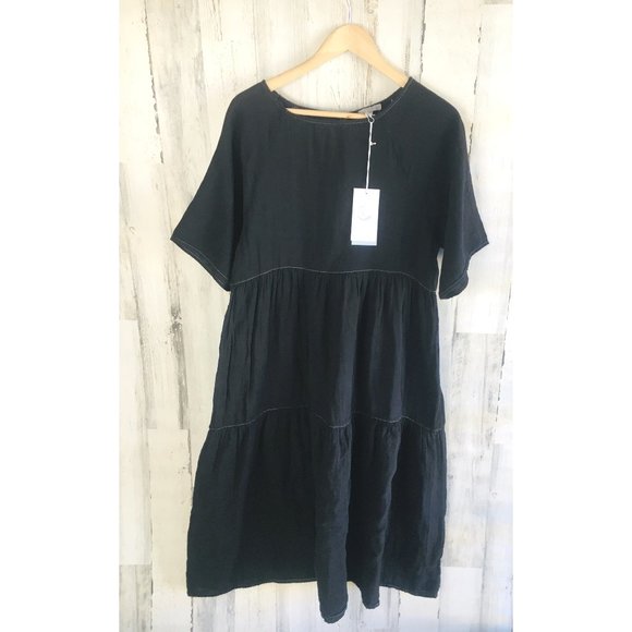 NWT Johnny Was Calme Black Gauze Midi Dress Short Elbow Sleeve Cotton S - Picture 1 of 9